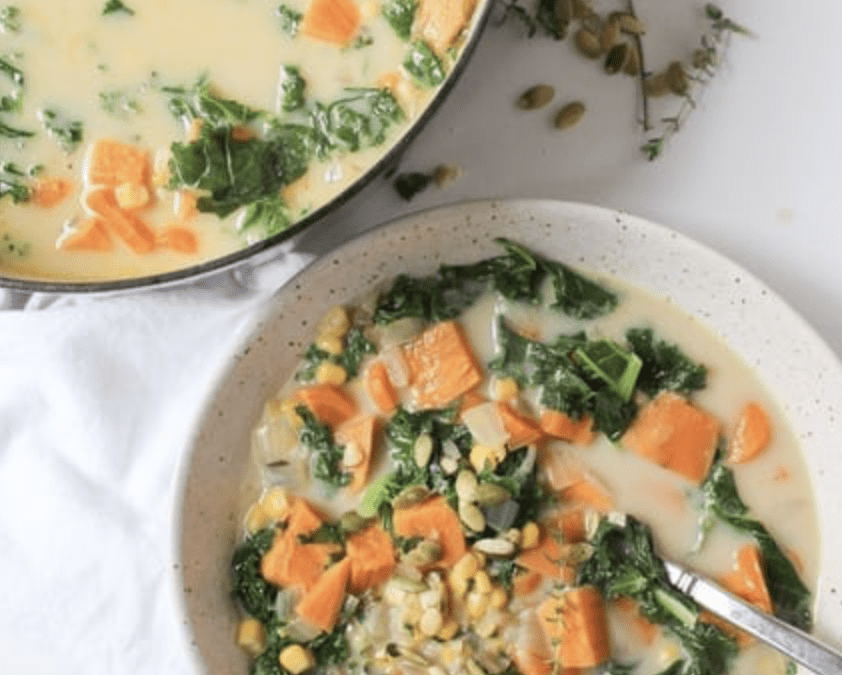 Creamy Sweet Potato, Corn, and Kale Chowder
