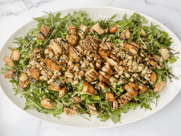White Bean Pesto Salad with Garlic Croutons + Balsamic Glaze