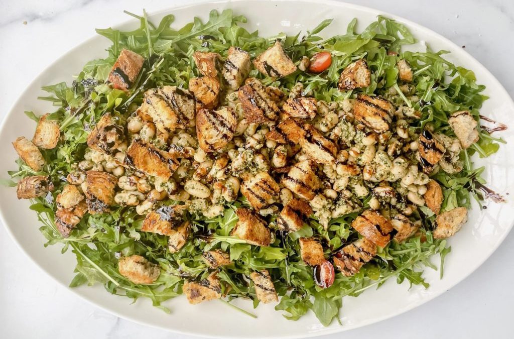 Recipe: White Bean Pesto Salad with Garlic Croutons + Balsamic Glaze
