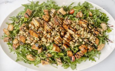 Recipe: White Bean Pesto Salad with Garlic Croutons + Balsamic Glaze